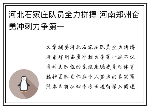河北石家庄队员全力拼搏 河南郑州奋勇冲刺力争第一