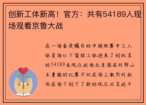 创新工体新高！官方：共有54189人现场观看京鲁大战