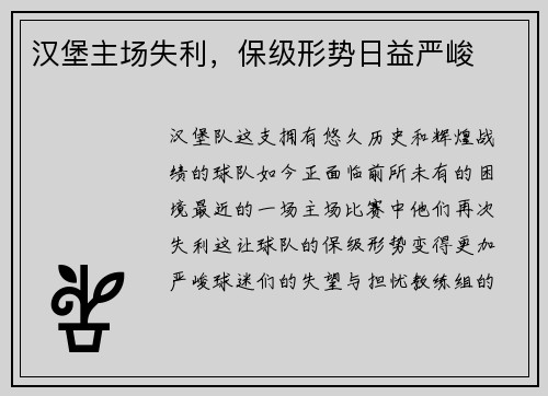 汉堡主场失利，保级形势日益严峻