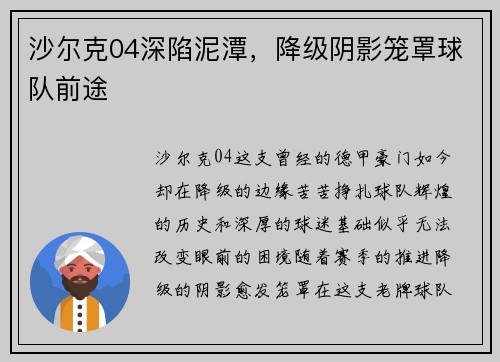 沙尔克04深陷泥潭，降级阴影笼罩球队前途