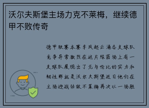 沃尔夫斯堡主场力克不莱梅，继续德甲不败传奇