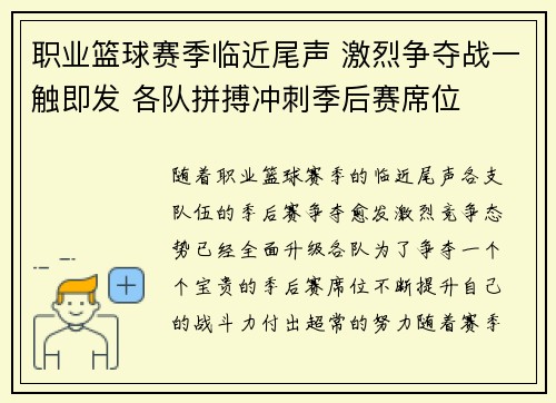 职业篮球赛季临近尾声 激烈争夺战一触即发 各队拼搏冲刺季后赛席位