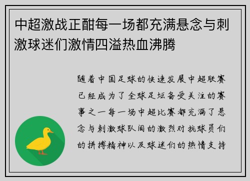 中超激战正酣每一场都充满悬念与刺激球迷们激情四溢热血沸腾