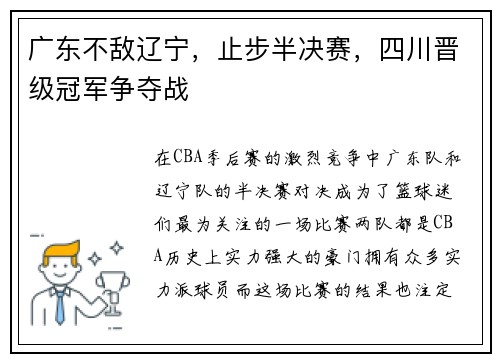 广东不敌辽宁，止步半决赛，四川晋级冠军争夺战