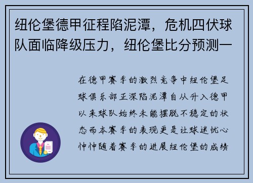 纽伦堡德甲征程陷泥潭，危机四伏球队面临降级压力，纽伦堡比分预测一定牛体育