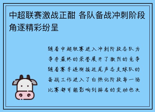 中超联赛激战正酣 各队备战冲刺阶段角逐精彩纷呈