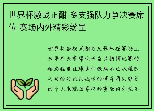 世界杯激战正酣 多支强队力争决赛席位 赛场内外精彩纷呈