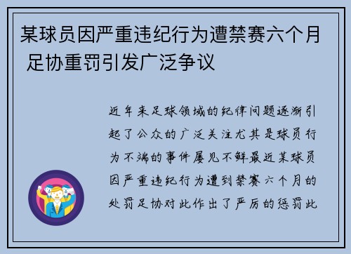 某球员因严重违纪行为遭禁赛六个月 足协重罚引发广泛争议
