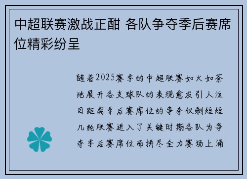 中超联赛激战正酣 各队争夺季后赛席位精彩纷呈