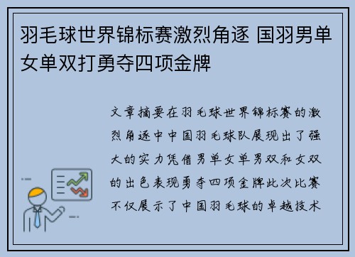 羽毛球世界锦标赛激烈角逐 国羽男单女单双打勇夺四项金牌